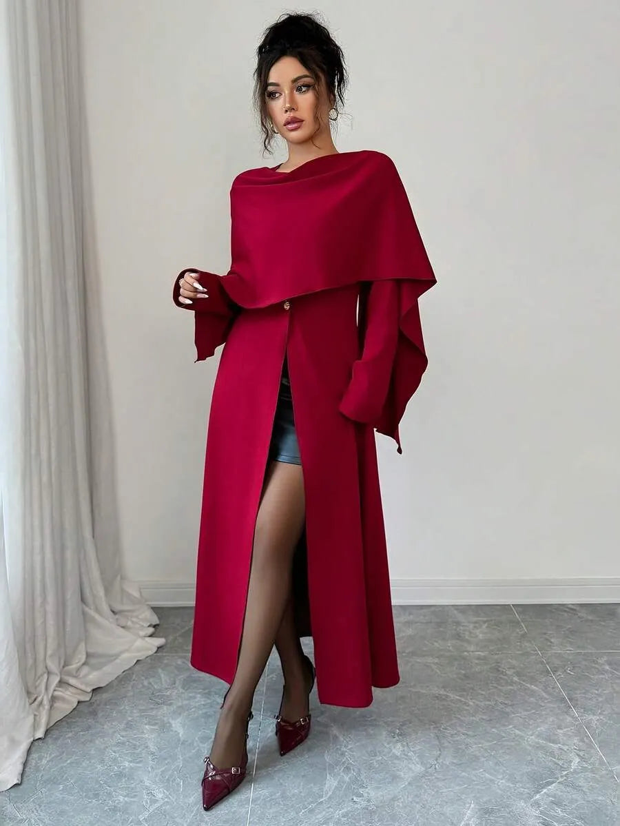 SHEIN Elenzga فستان طويل بياقة غير متماثلة وأكمام واسعة وأزرار معدنية بلون أحمر عنابي