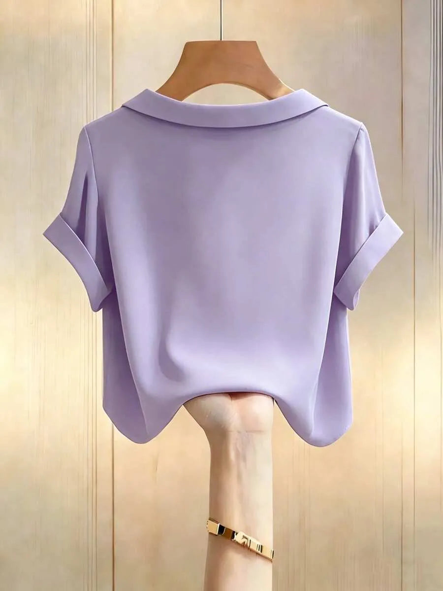 SHEIN Franclia قميص نسائي أخضر بياقة طية وأكمام قصيرة