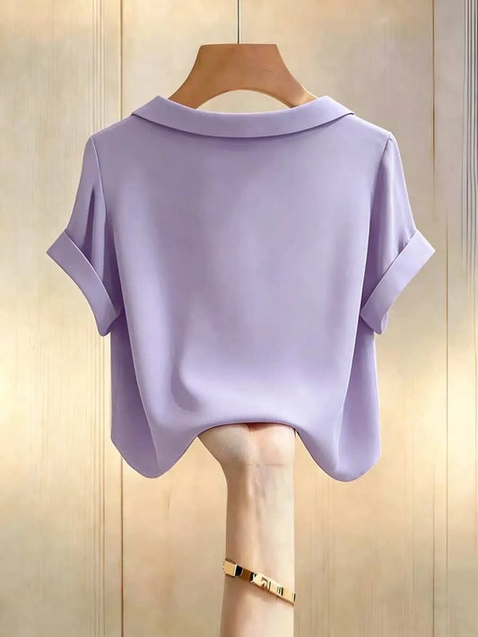 SHEIN Franclia قميص نسائي أخضر بياقة طية وأكمام قصيرة