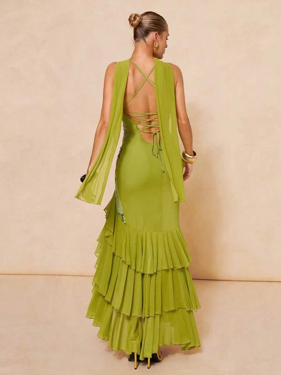 SHEIN Lumalex فستان ماكسي بلون أخضر بحمالات سباغيتي وظهر مكشوف