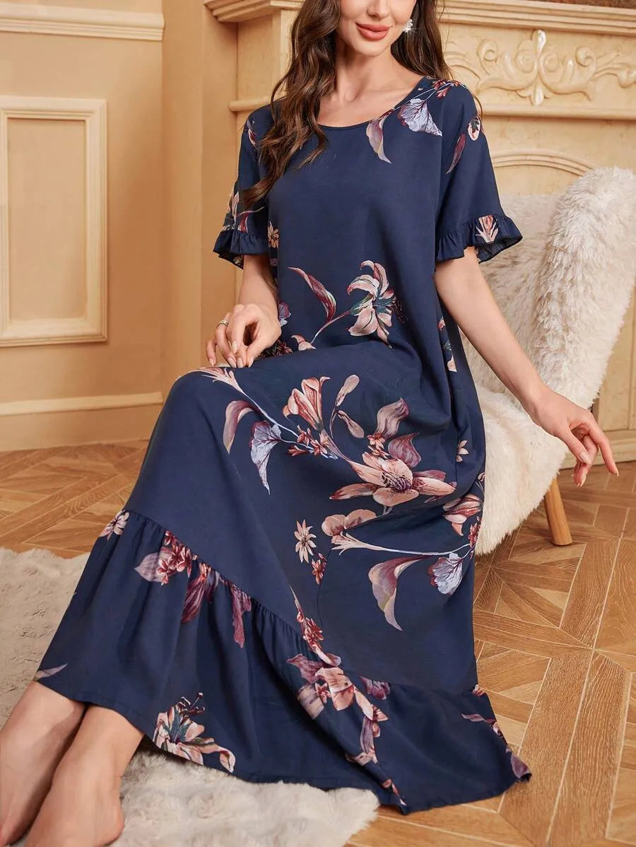SHEIN فستان نوم طويل بلون متعدد الألوان بنقشة زهور وأكمام قصيرة