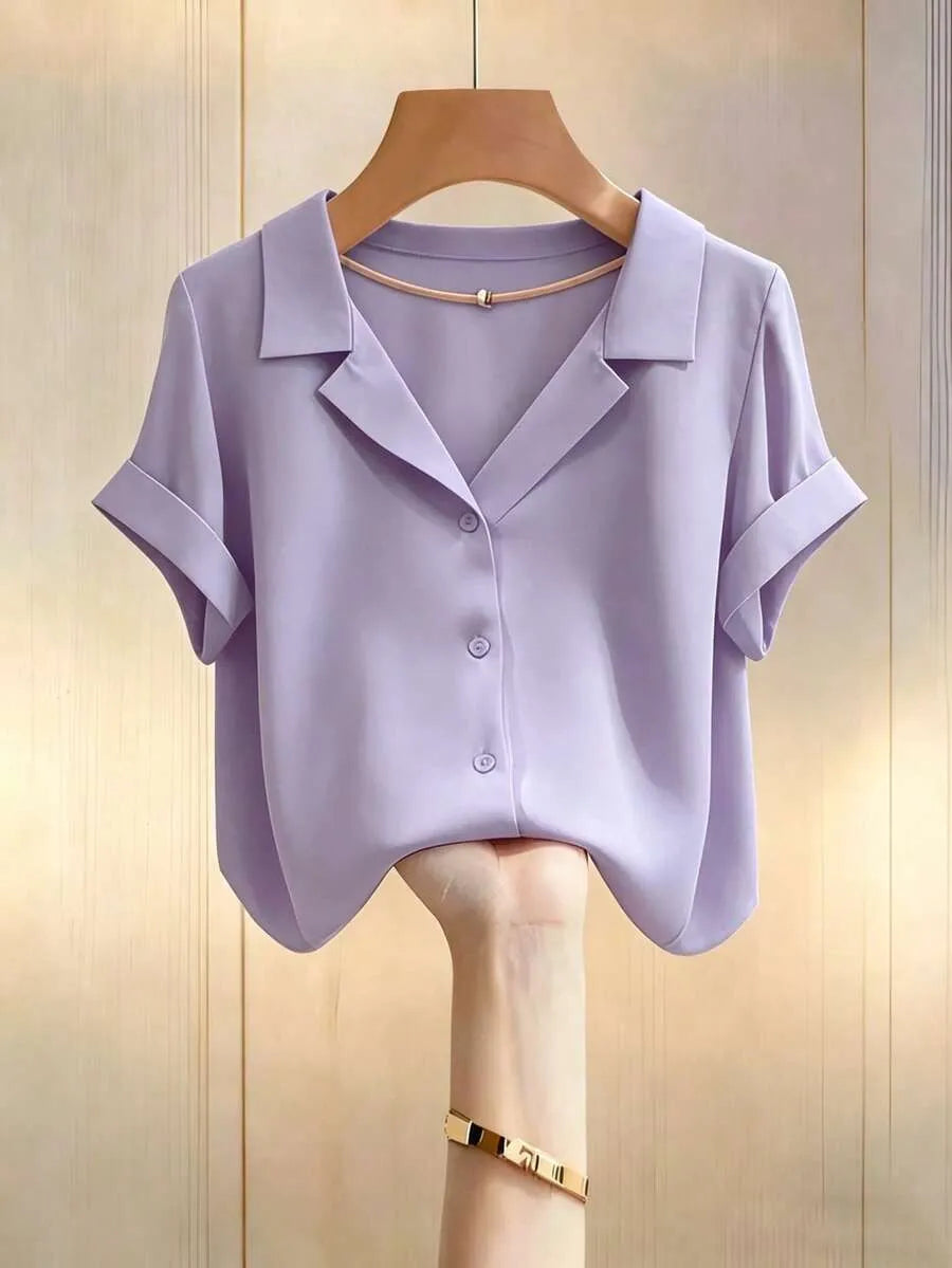 SHEIN Franclia قميص نسائي أخضر بياقة طية وأكمام قصيرة