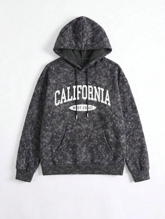 SHEIN California West Coast سويت شيرت نسائي بطبعة زهور وحروف  وجيب كنغر بلون الأسود