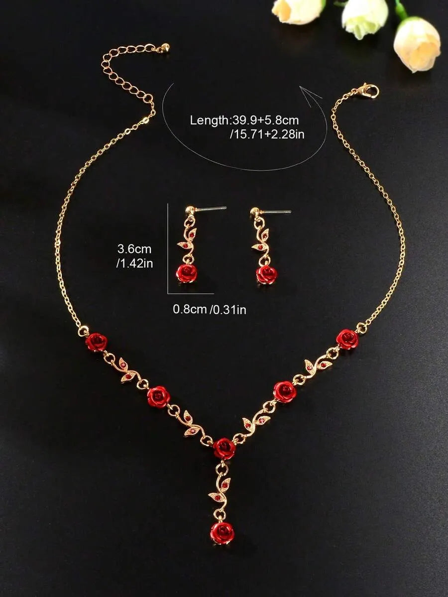 SHEIN طقم مجوهرات نسائي من قلادة وأقراط بتصميم زهرة حمراء ولمسات ذهبية