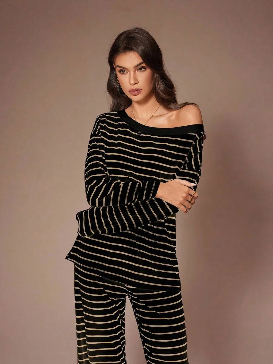 SHEIN Lazeform طقم بيجامة قطعتين بأكمام طويلة وكتف مكشوف بخطوط مائلة بلون أسود