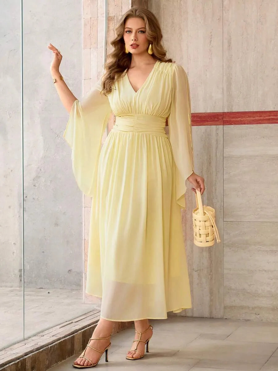 SHEIN Roveilla فستان نسائي بياقة وأكمام واسعة وخصر مجعد بلون أصفر