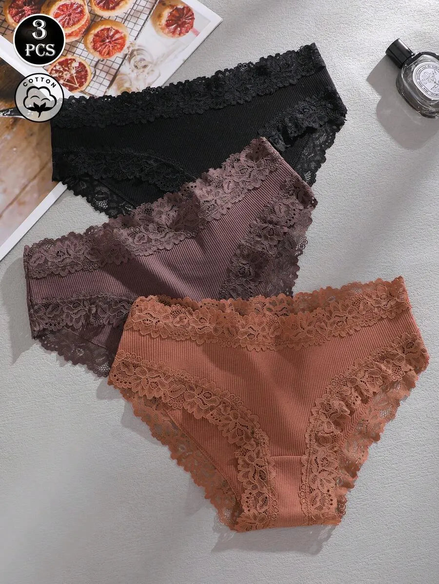 SHEIN سراويل داخلية نسائية من 3 قطع بخصر عالٍ من القطن المضلع مع دانتيل متعدد الألوان