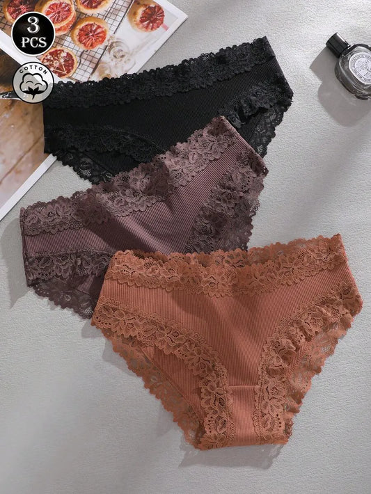 SHEIN سراويل داخلية نسائية من 3 قطع بخصر عالٍ من القطن المضلع مع دانتيل متعدد الألوان