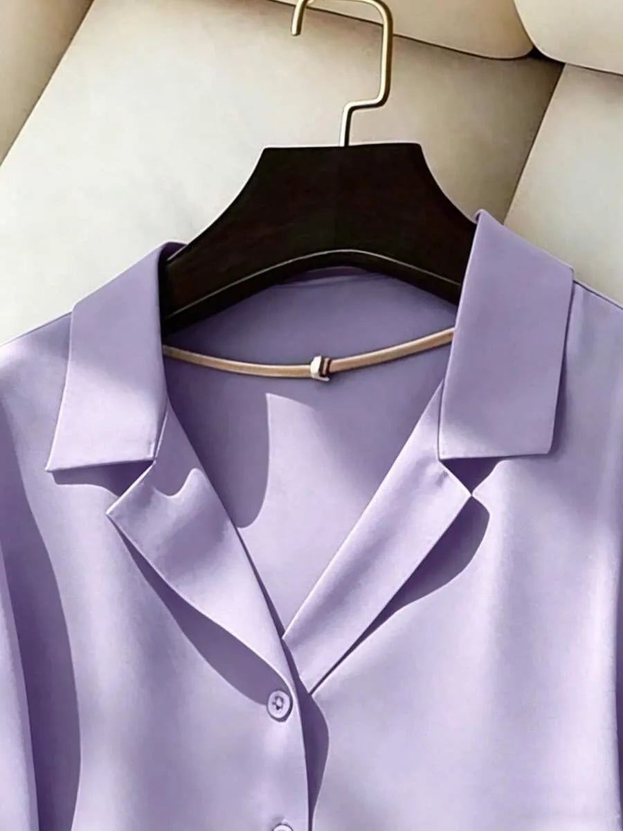 SHEIN Franclia قميص نسائي أخضر بياقة طية وأكمام قصيرة