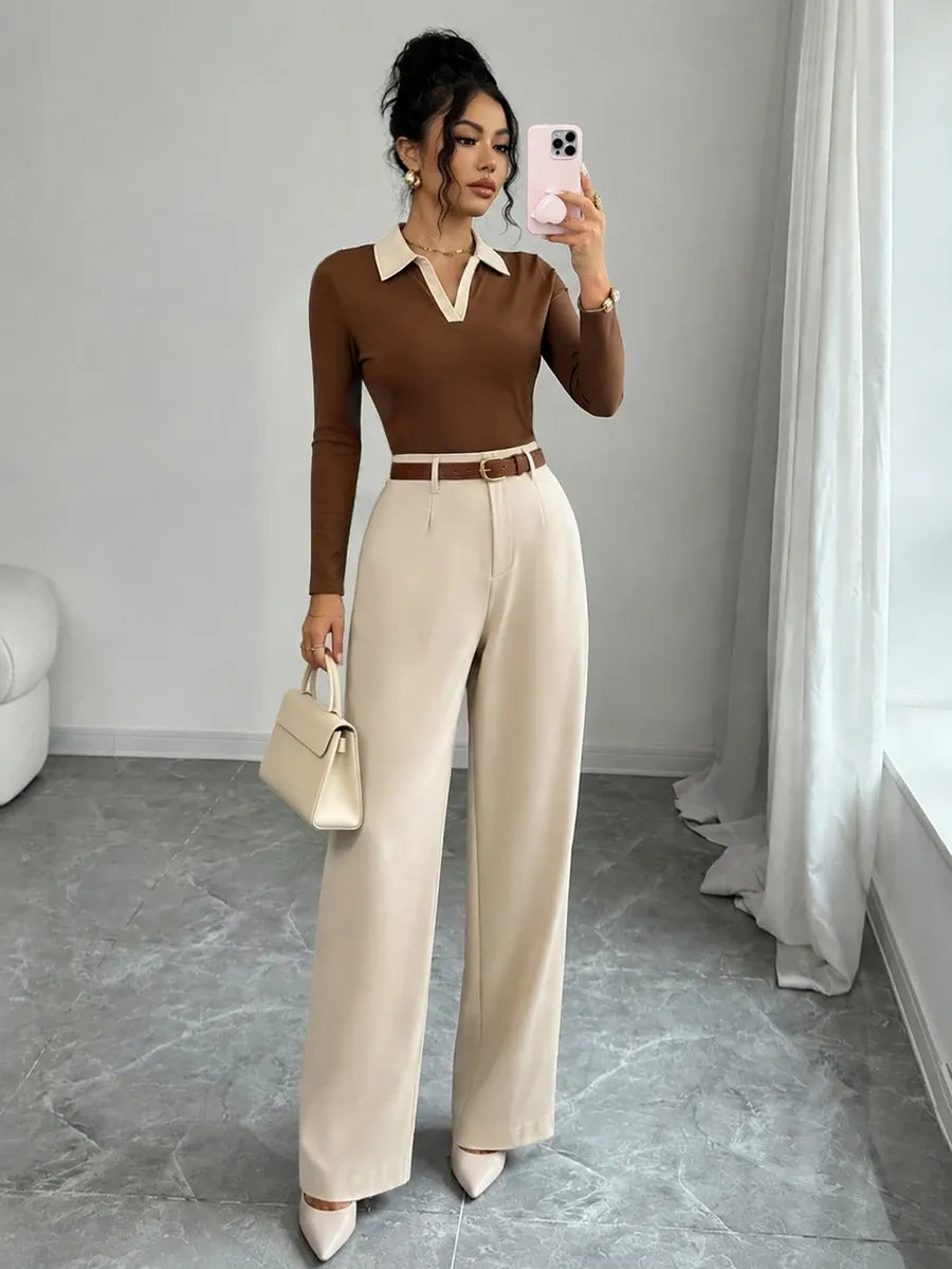 SHEIN Raffinéa طقم نسائي قطعتين تي شيرت بولو وبنطال طويل بتصميم متباين بلون بني وبيج