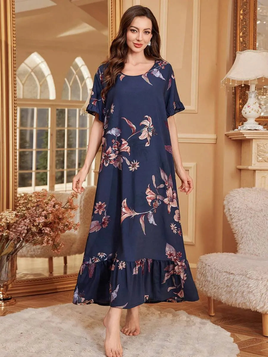 SHEIN فستان نوم طويل بلون متعدد الألوان بنقشة زهور وأكمام قصيرة