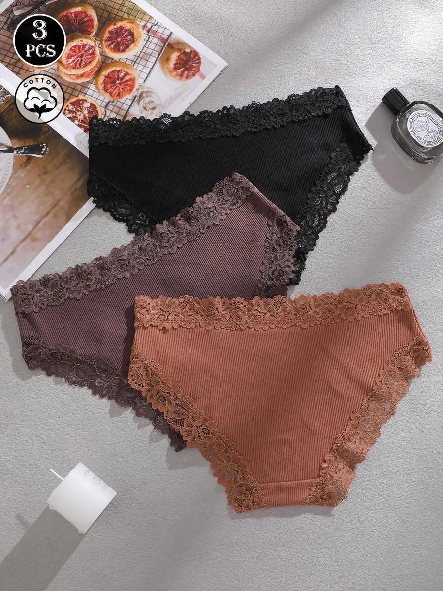 SHEIN سراويل داخلية نسائية من 3 قطع بخصر عالٍ من القطن المضلع مع دانتيل متعدد الألوان
