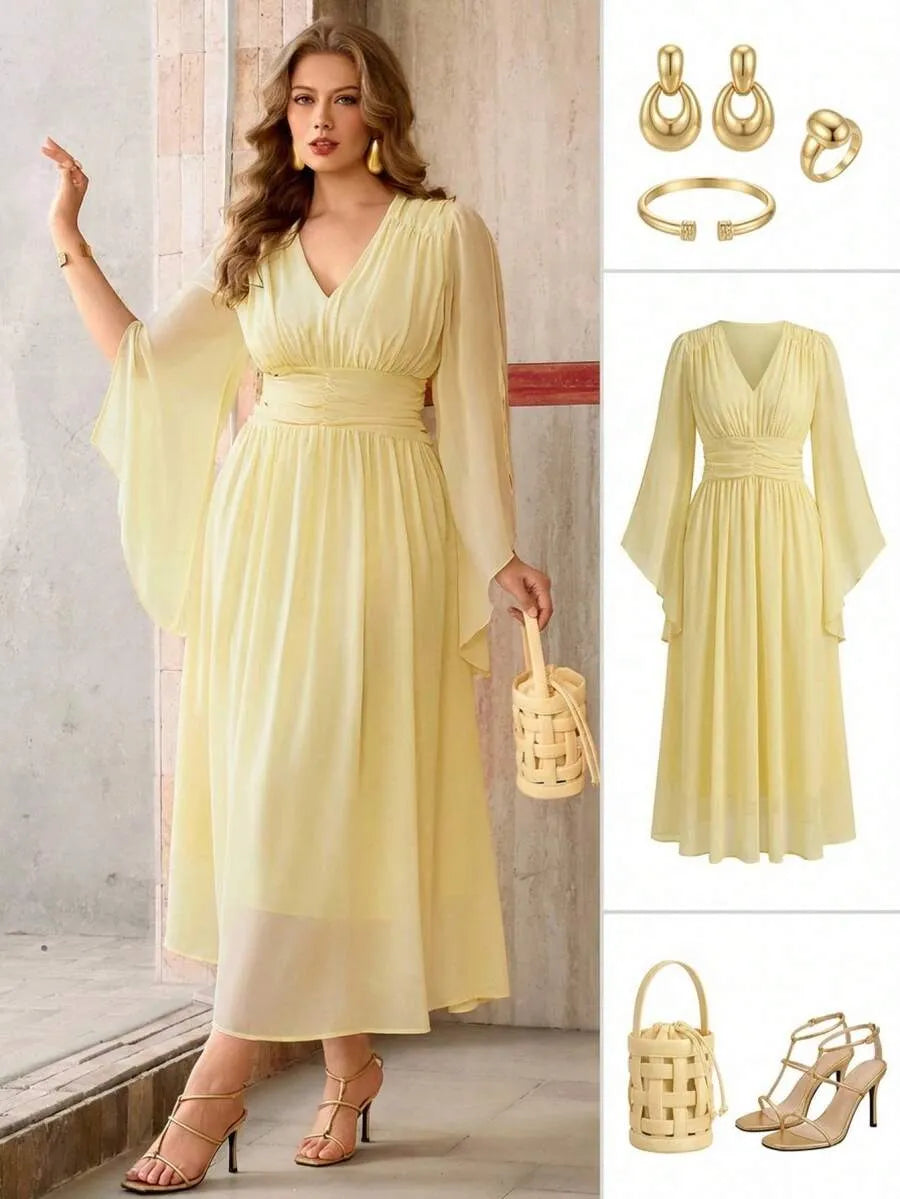 SHEIN Roveilla فستان نسائي بياقة وأكمام واسعة وخصر مجعد بلون أصفر