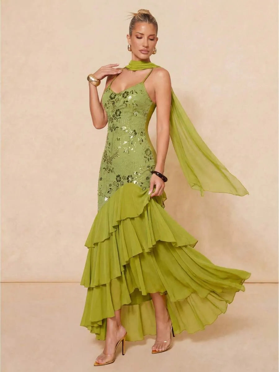 SHEIN Lumalex فستان ماكسي بلون أخضر بحمالات سباغيتي وظهر مكشوف