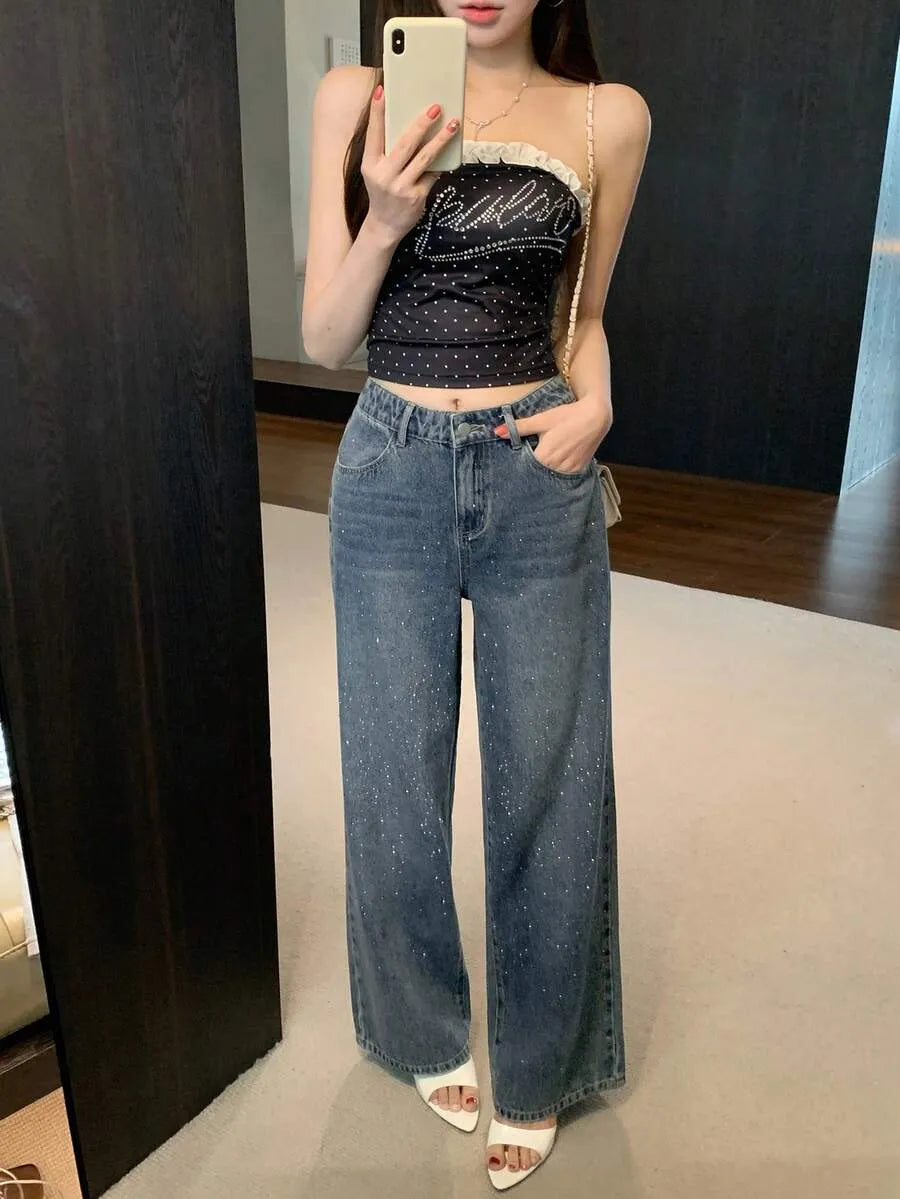 SHEIN DAZY بنطلون جينز فضفاض مستقيم مرصع بالراين بلون أزرق متوسط