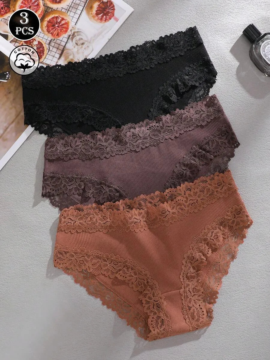 SHEIN سراويل داخلية نسائية من 3 قطع بخصر عالٍ من القطن المضلع مع دانتيل متعدد الألوان
