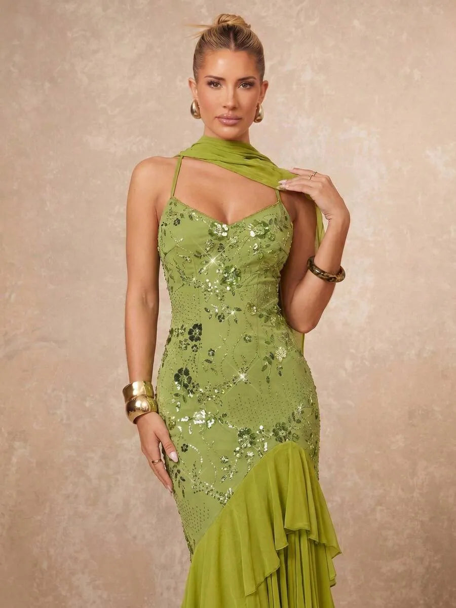 SHEIN Lumalex فستان ماكسي بلون أخضر بحمالات سباغيتي وظهر مكشوف