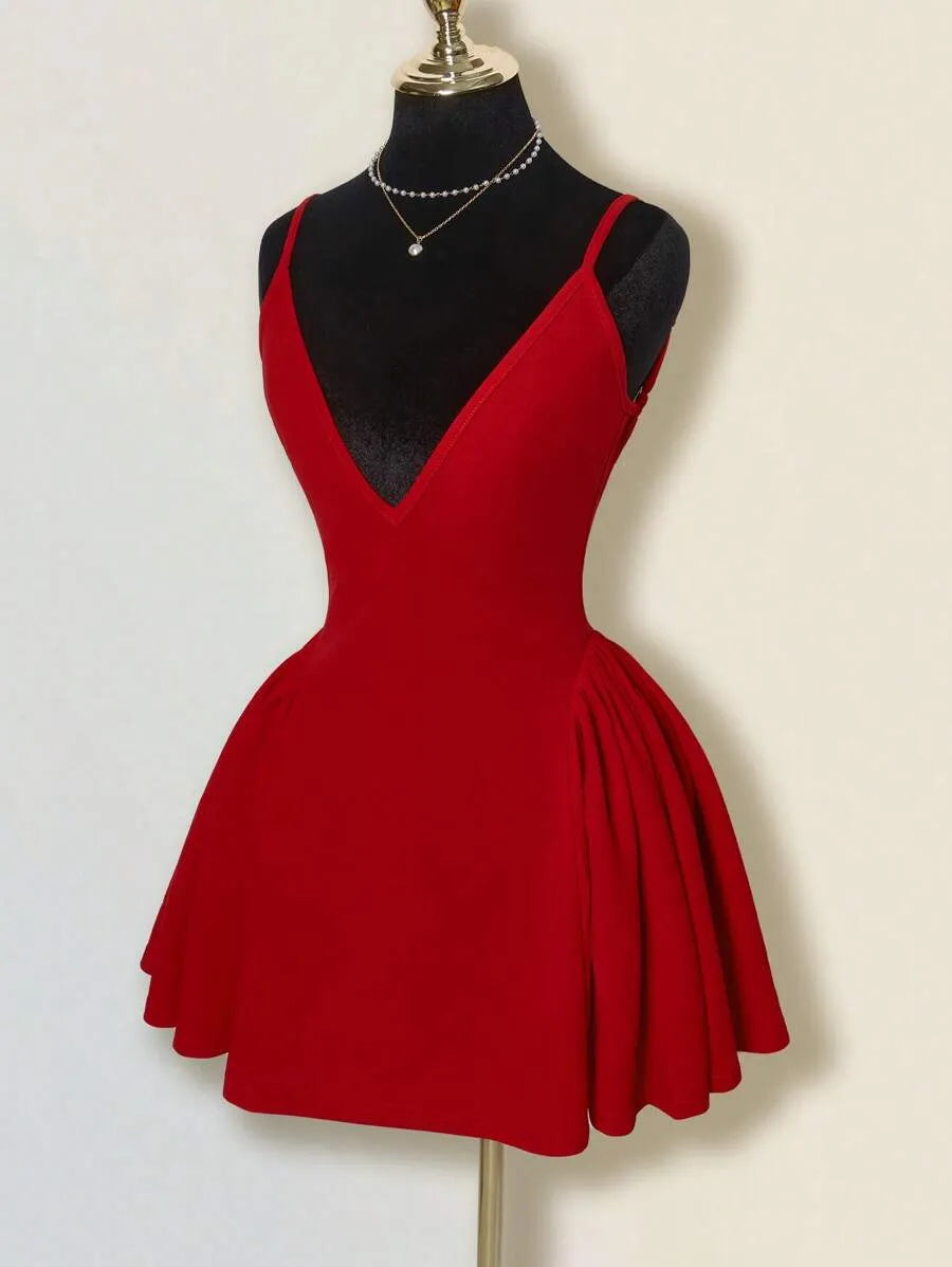SHEIN ICON فستان أحمر ميني ضيق بحمالات رفيعة وكشكش