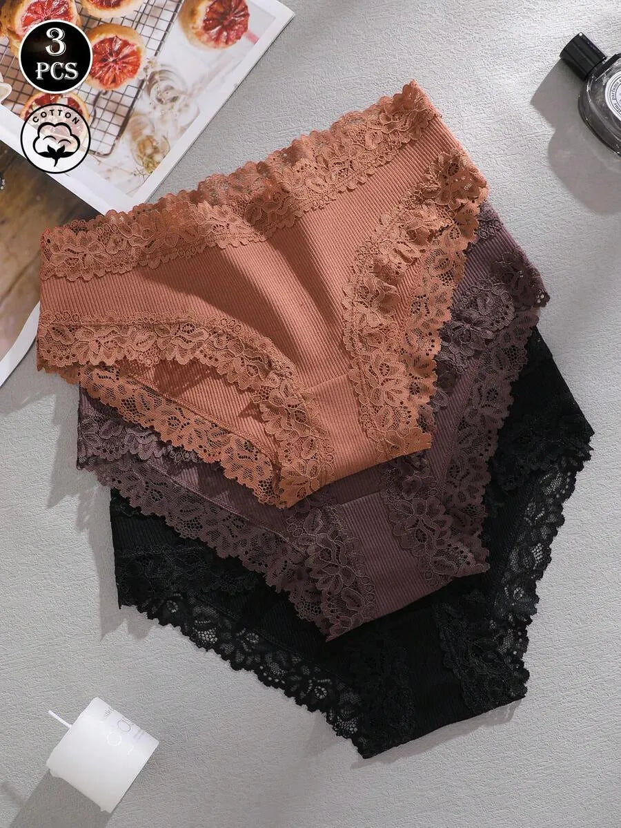 SHEIN سراويل داخلية نسائية من 3 قطع بخصر عالٍ من القطن المضلع مع دانتيل متعدد الألوان