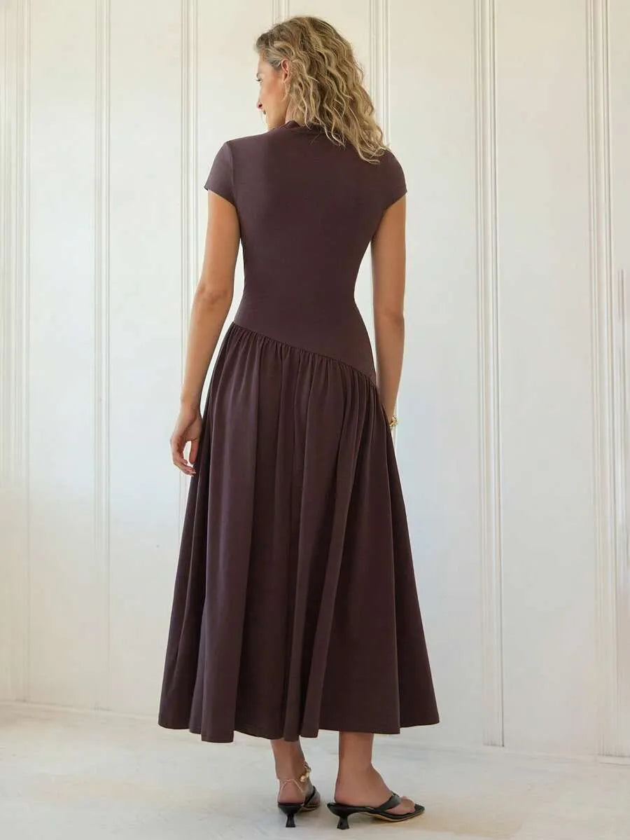 SHEIN Freevana فستان نسائي طويل بياقة واقفة وأكمام منفوخة وخصر طبيعي بلون بني