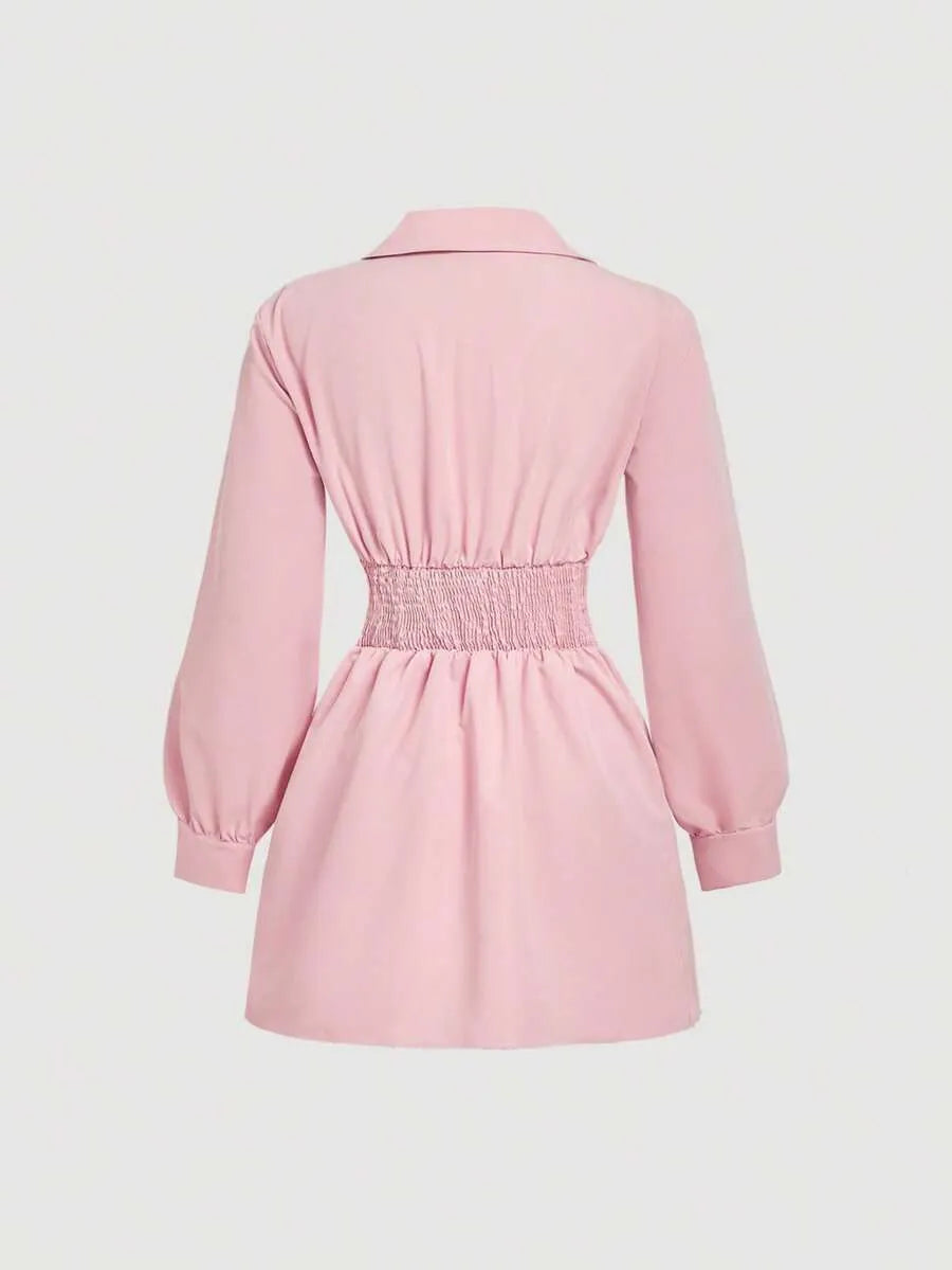 SHEIN MOD فستان ميني بياقة وأكمام طويلة وخصر ملفوف بلون وردي