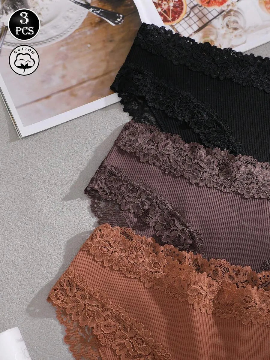 SHEIN سراويل داخلية نسائية من 3 قطع بخصر عالٍ من القطن المضلع مع دانتيل متعدد الألوان
