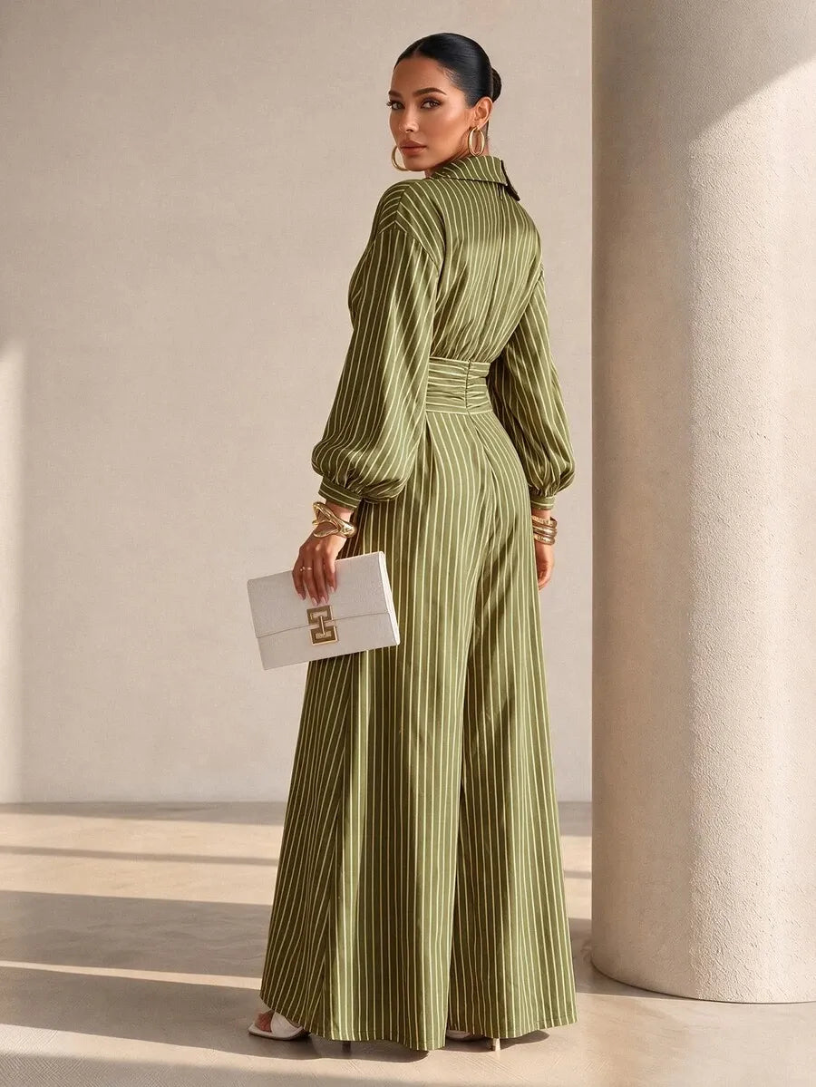SHEIN Structelle جمبسوت نسائي بياقة قميص وأزرار أمامية وساق واسعة بخصر عالٍ بلون أخضر زيتوني