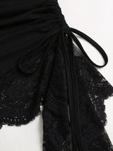 SHEIN Sweetra فستان ميني ضيق بياقة غير متماثلة وأكمام طويلة واسعة وثنيات بلون أسود