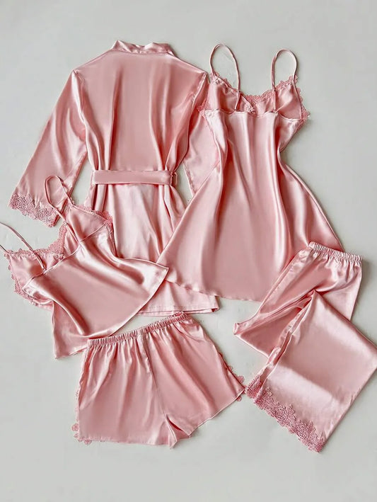 SHEIN SilkySpell طقم نوم 5 قطع بلون وردي كامي وشورت وبنطلون وفستان ووردة بحزام