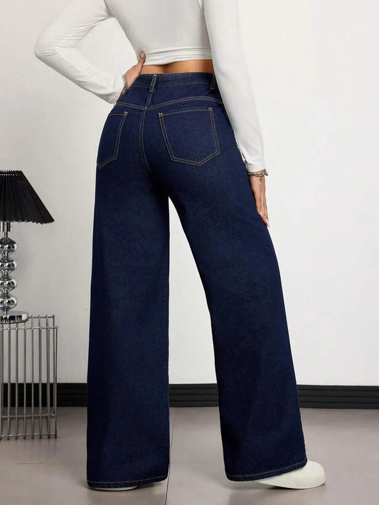 SHEIN Tall بنطلون جينز واسع بخصر عالٍ وجيوب بلون أزرق داكن