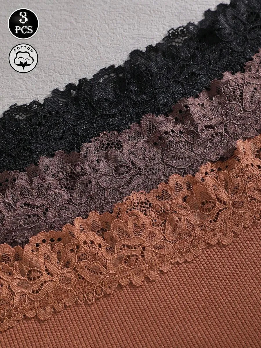 SHEIN سراويل داخلية نسائية من 3 قطع بخصر عالٍ من القطن المضلع مع دانتيل متعدد الألوان