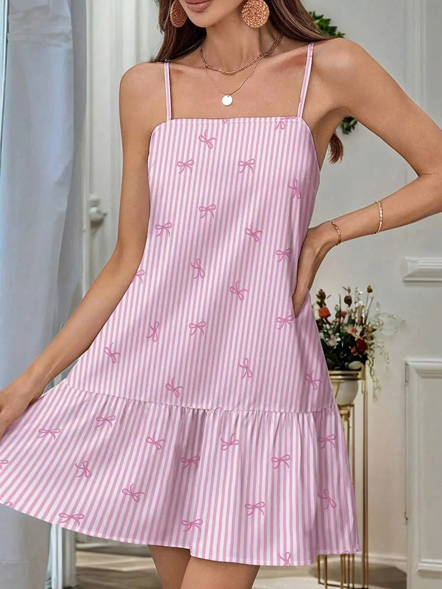 SHEIN INAWLY فستان بلون وردي ميني كامي ومطبوع بأربطة مخطط وعارية الذراعين