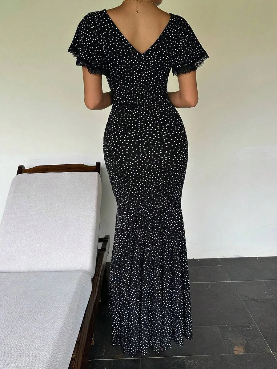 SHEIN Sunnyshic فستان نسائي أبيض وأسود صيفي بنقاط بولكا وكشكشة أكمام قصيرة