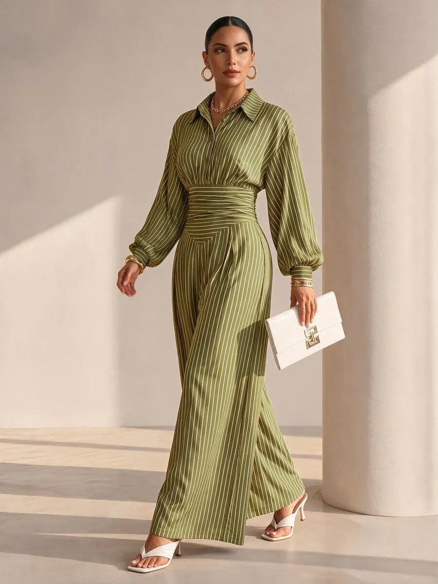 SHEIN Structelle جمبسوت نسائي بياقة قميص وأزرار أمامية وساق واسعة بخصر عالٍ بلون أخضر زيتوني