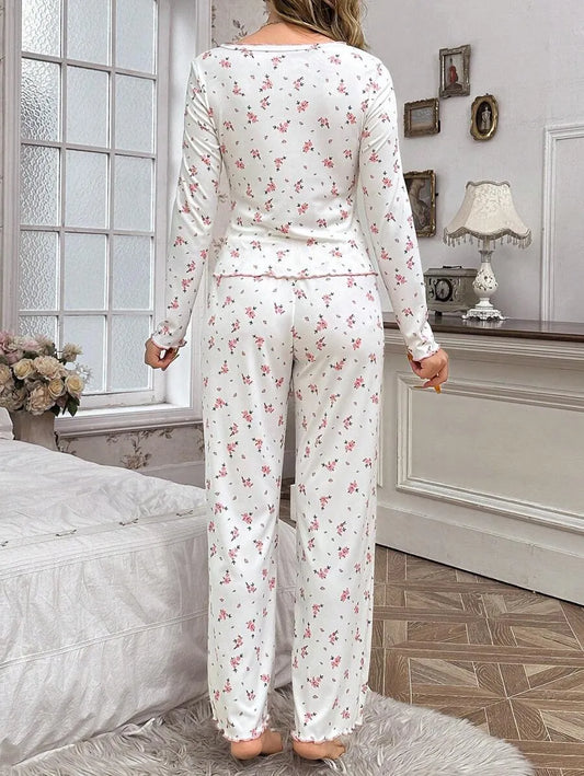 SHEIN CottageSlumber طقم بيجامة قطعتين بأكمام طويلة وكشكشة بطبعة زهور بلون وردي