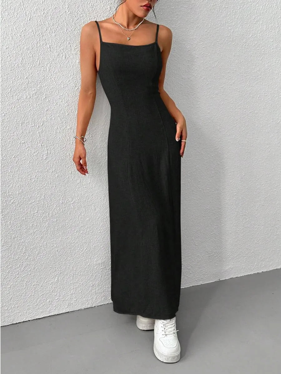 SHEIN EZwear فستان ماكسي بحمالات رفيعة وظهر مفتوح وتصميم مجدول بلون الأسود