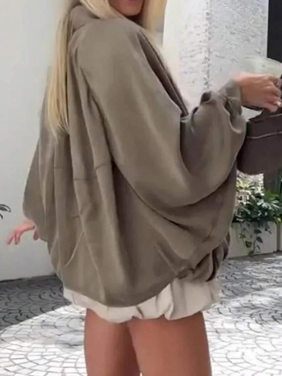 SHEIN جاكيت نسائي فضفاض بسحاب وأكمام خفاشية بلون موحد