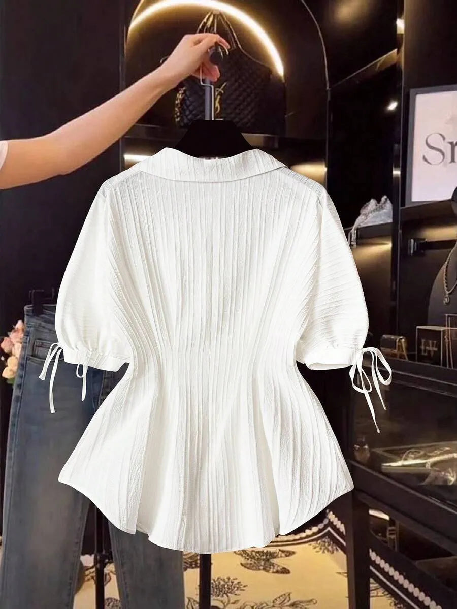SHEIN Franclia بلوزة نسائية بأكمام قصيرة منتفخة وياقة قميص وخصر محدد بلون أبيض