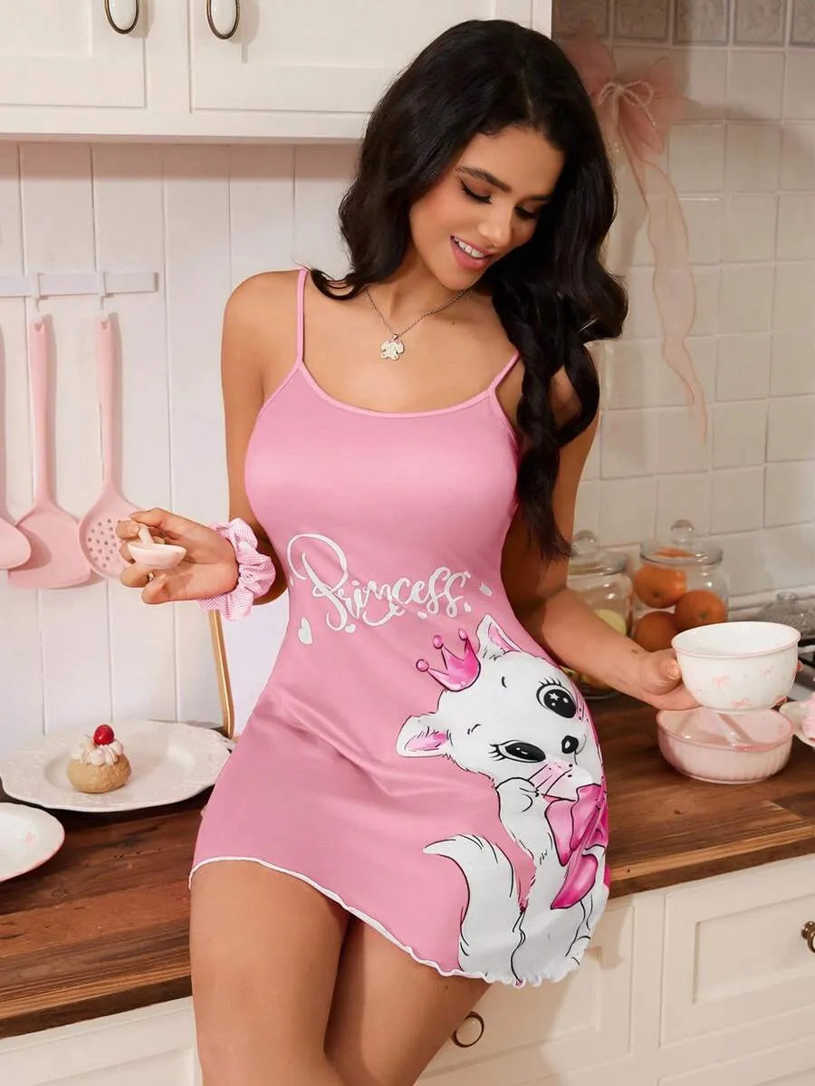 SHEIN قميص نوم قصير بطبعة قطة وفيونكة متعدد الألوان