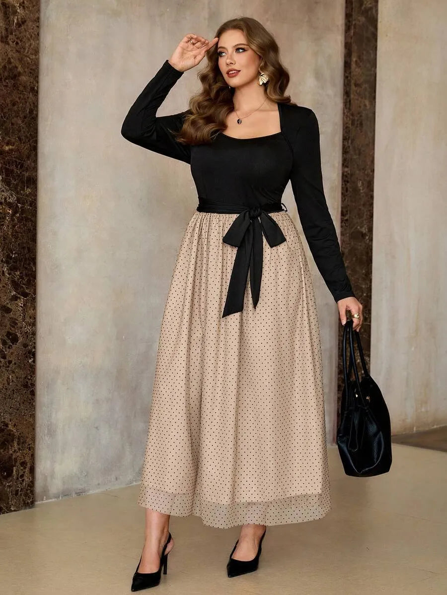 SHEIN Roveilla فستان كارديجان محبوك برباط خصر وياقة مربعة بلون بني