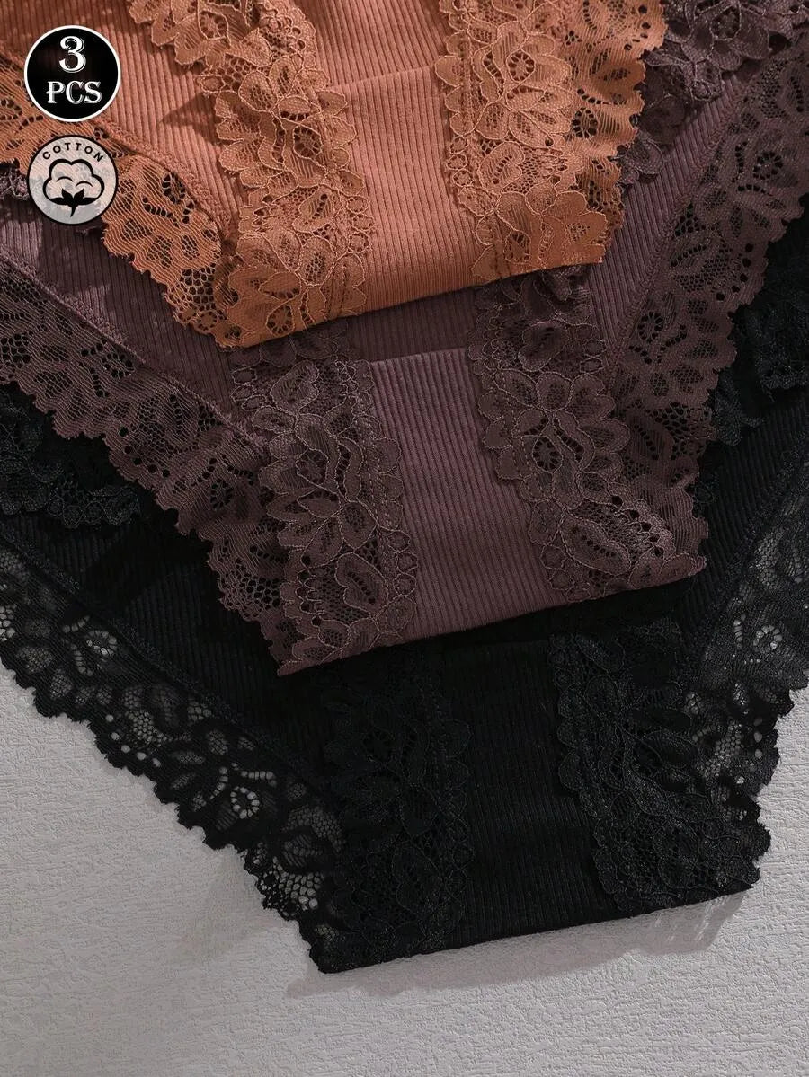 SHEIN سراويل داخلية نسائية من 3 قطع بخصر عالٍ من القطن المضلع مع دانتيل متعدد الألوان