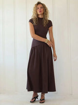 SHEIN Freevana فستان نسائي طويل بياقة واقفة وأكمام منفوخة وخصر طبيعي بلون بني