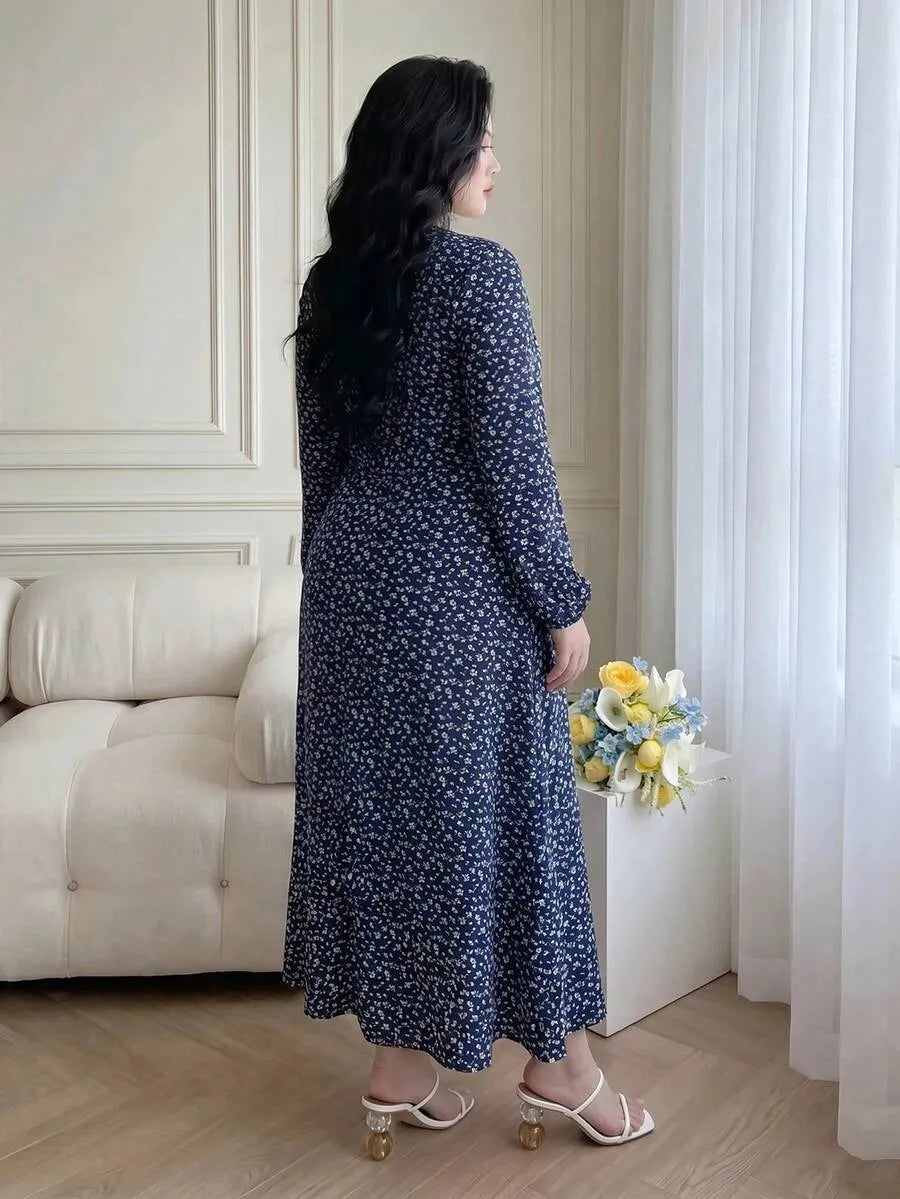 SHEIN Vibekara فستان نسائي بياقة وأكمام فانوس بنقشة زهور بلون أزرق بحري