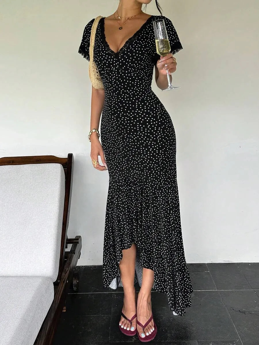 SHEIN Sunnyshic فستان نسائي أبيض وأسود صيفي بنقاط بولكا وكشكشة أكمام قصيرة