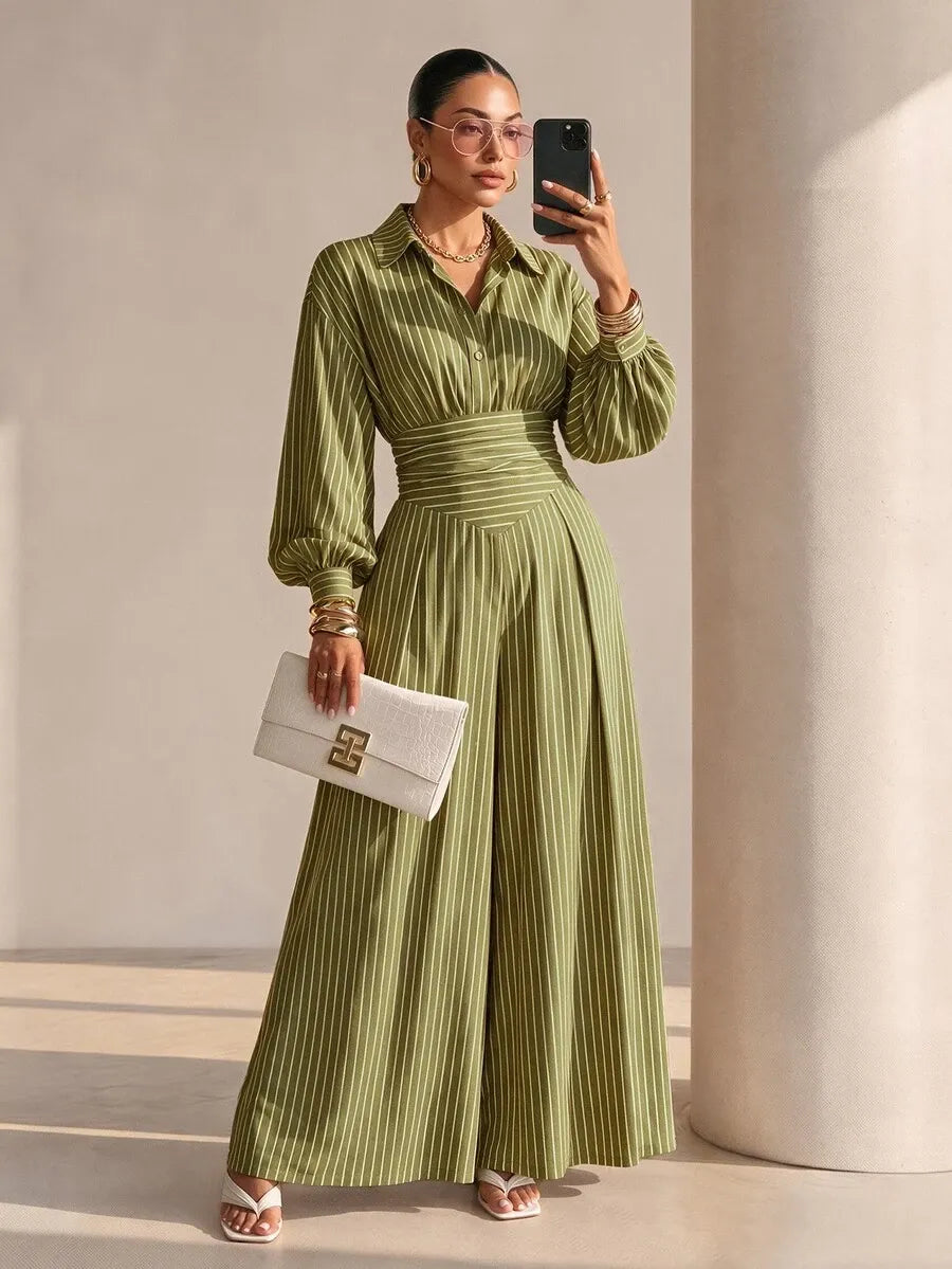 SHEIN Structelle جمبسوت نسائي بياقة قميص وأزرار أمامية وساق واسعة بخصر عالٍ بلون أخضر زيتوني