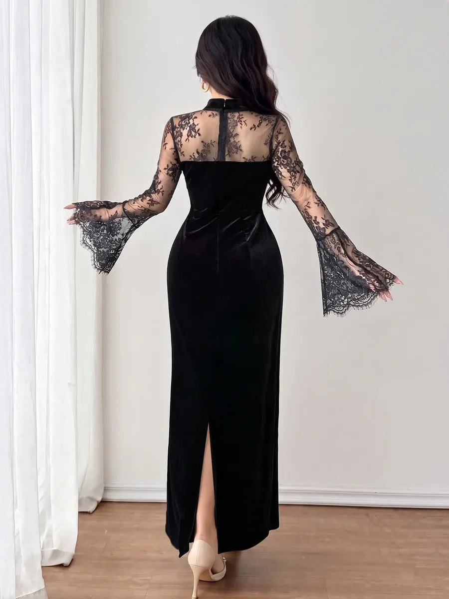 SHEIN Modelyn فستان طويل ضيق بياقة عالية وأكمام واسعة وتفاصيل مخمل ودانتيل بلون أسود