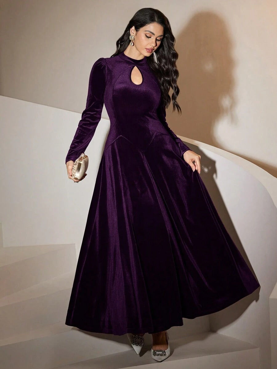 SHEIN Modelyn فستان سهرة طويل ارجواني بوردو بأكمام منتفخة