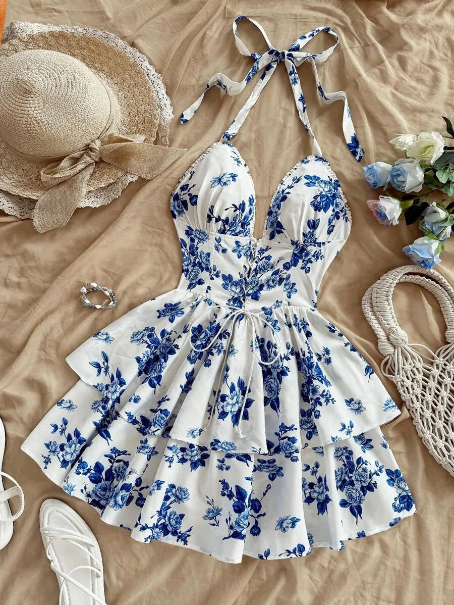 SHEIN Soleia فستان متعدد الألوان ميني واسع بحمالات رقبة هالتر ورباط بطبعة زهور