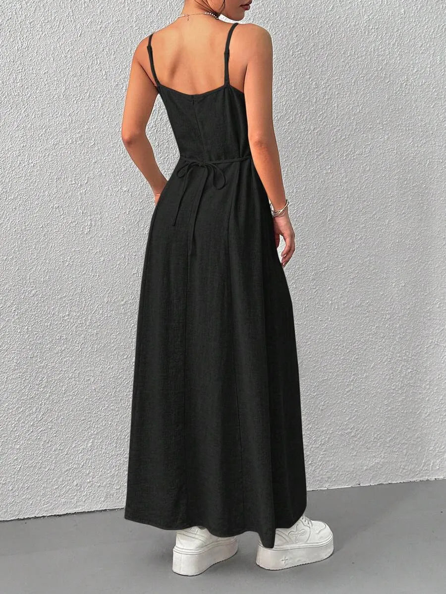 SHEIN EZwear فستان ماكسي بحمالات رفيعة وظهر مفتوح وتصميم مجدول بلون الأسود