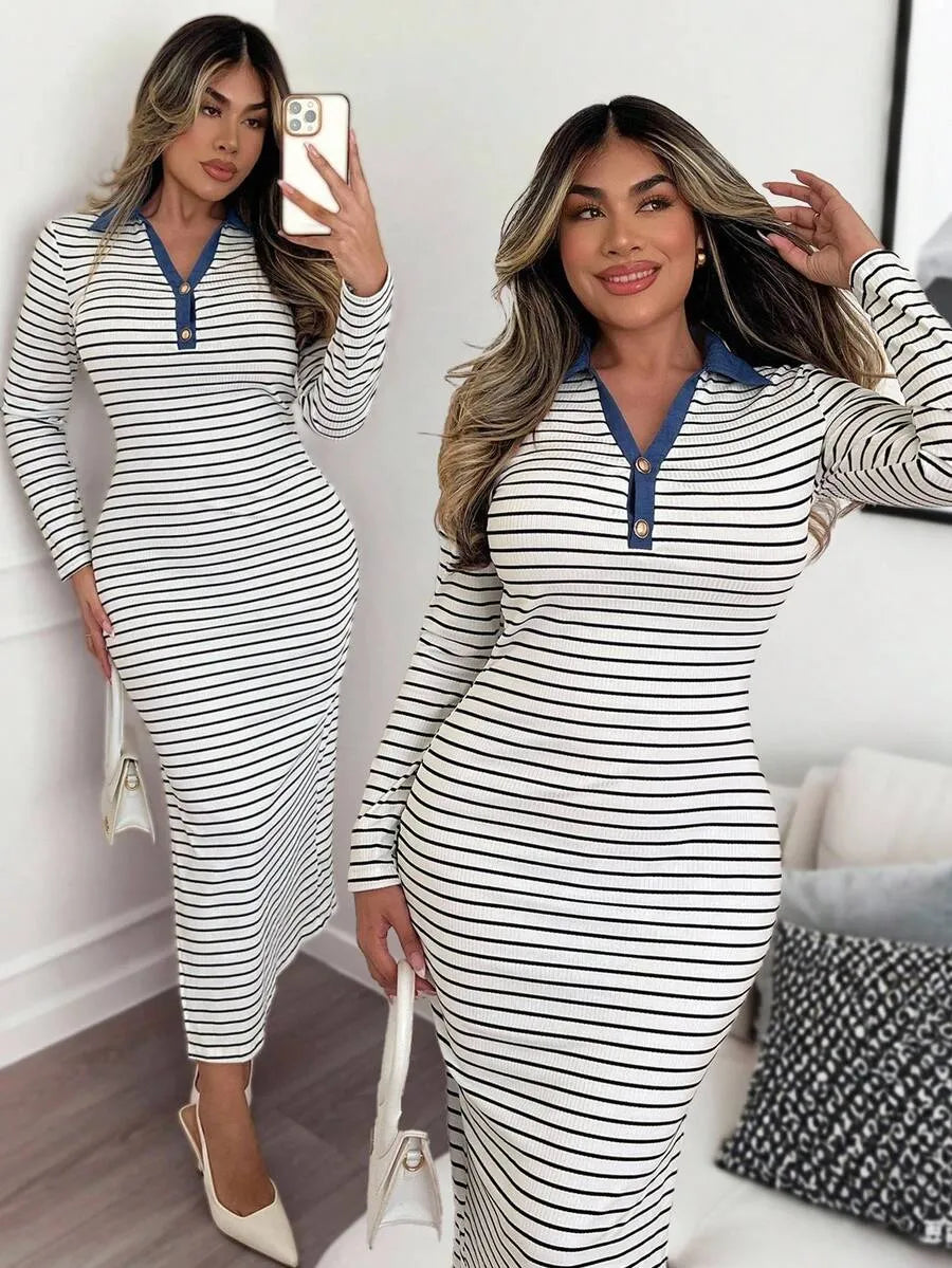 SHEIN LUNE فستان محبوك طويل بياقة بولو وأزرار معدنية وتفاصيل مخططة بالأبيض والأسود
